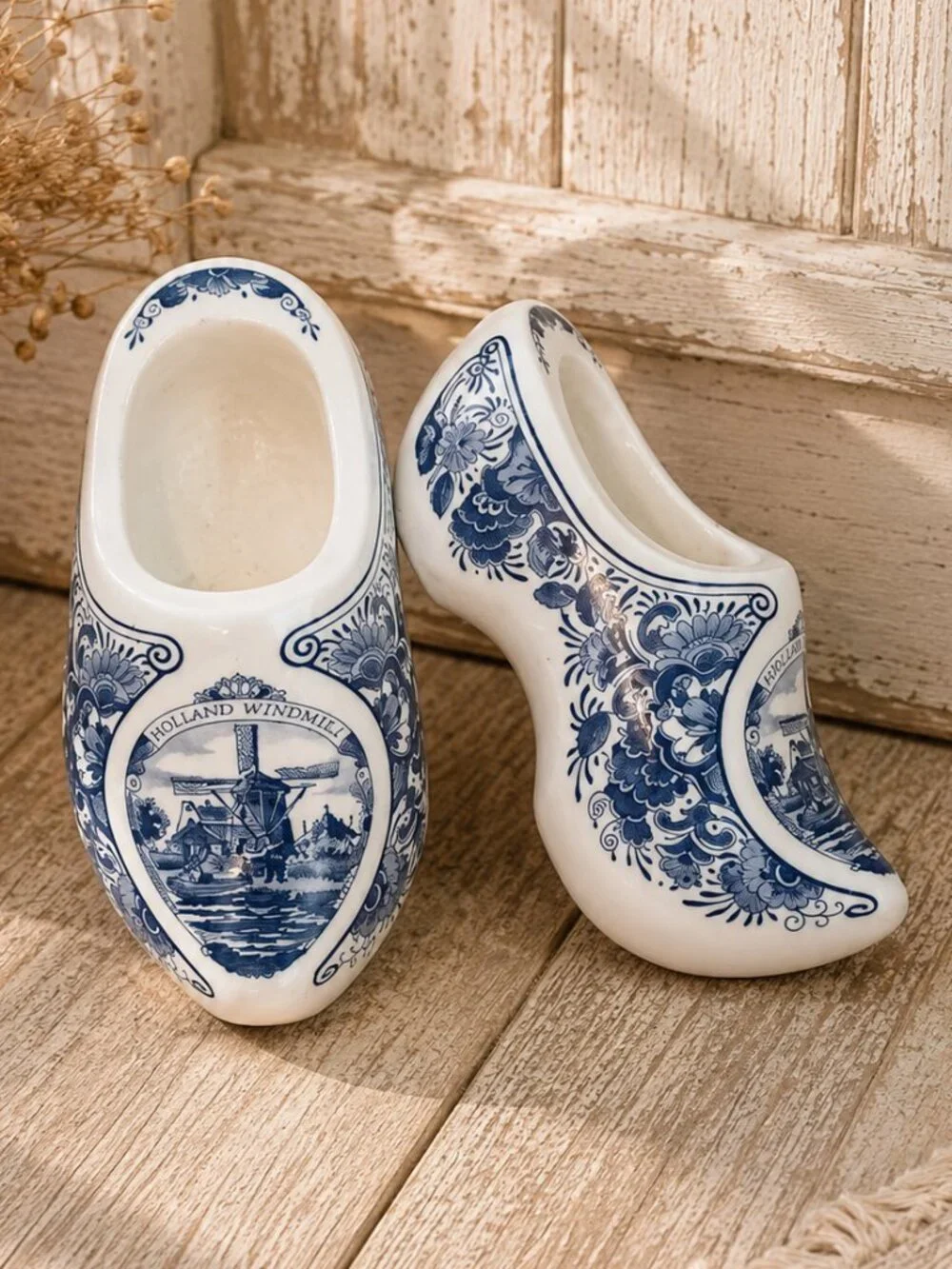 Vintage Delft Blue Windmill Pattern Dutch Wooden Shoes